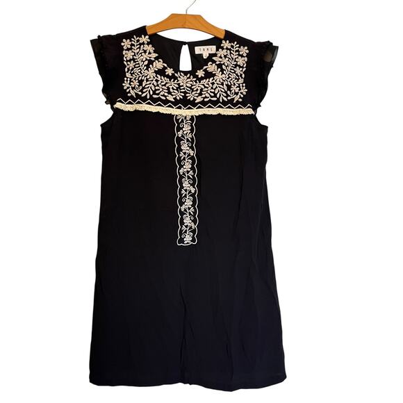 THML Embroidered Flutter Sleeve Mini Shift Dress Black Cream Boho Lace Trim S - Picture 10 of 10